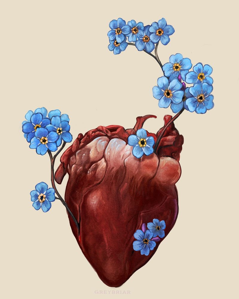 A painting of a recently excised rabbit heart with forget me nots growing from it in multiple places. 