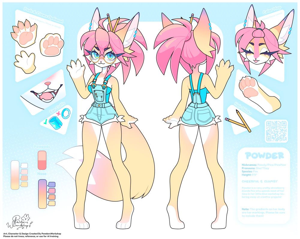 A reference sheet detailing a cute strawberry blonde colored fox wearing blue overalls and big round glasses.