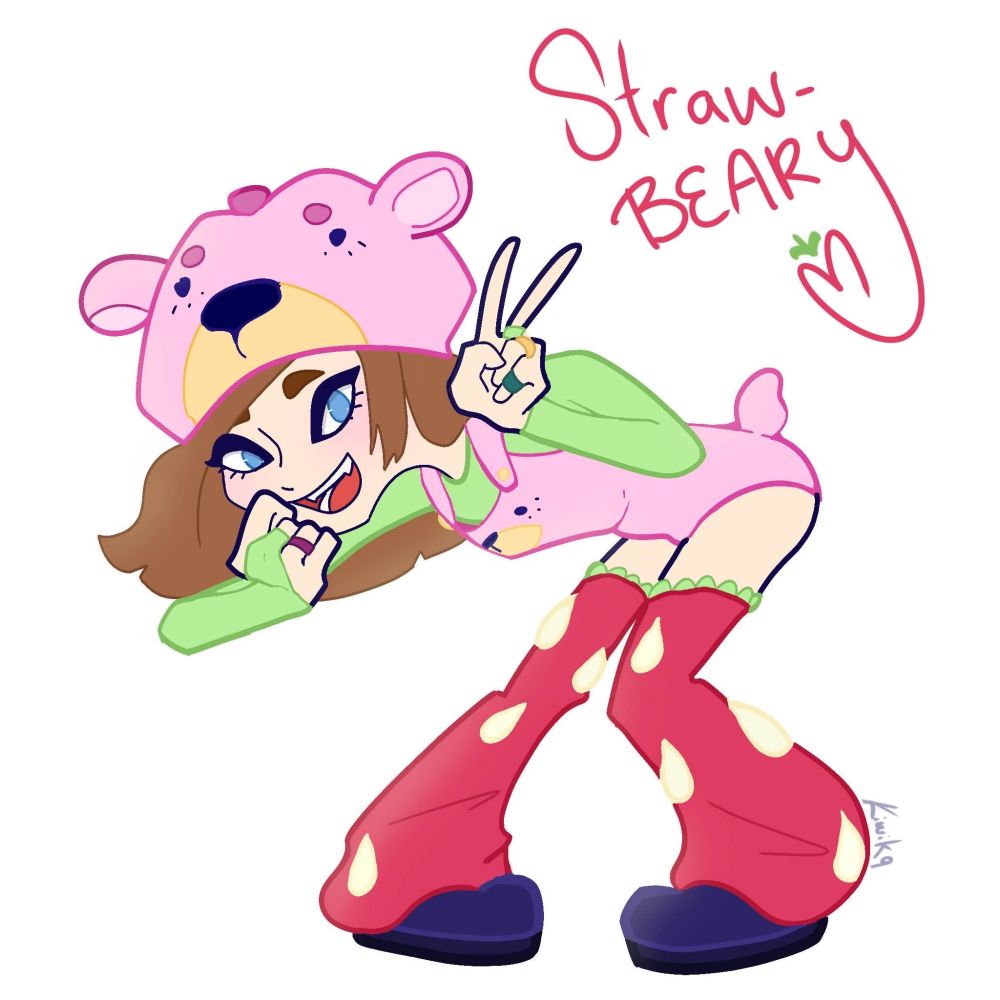 Girl with short brown hair wearing strawberry leggings, a green shirt,  a pink bear hat and overalls. "Straw beary" is written on the top as well as users name "kiwi k9" on the bottom