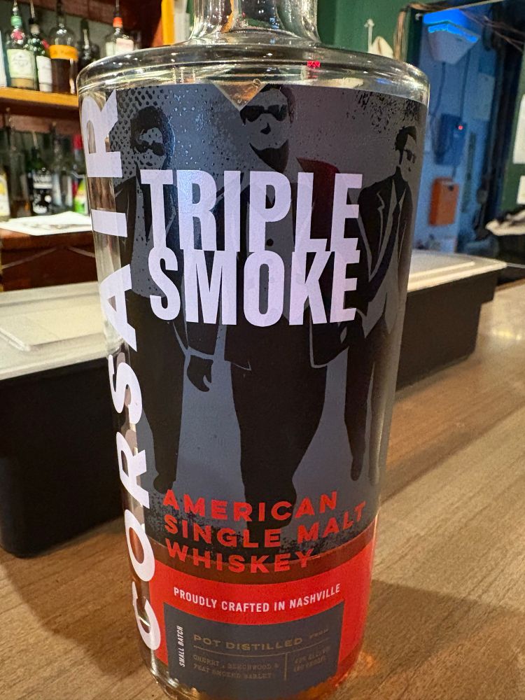 A bottle of Corsair Triple Smoke whiskey.