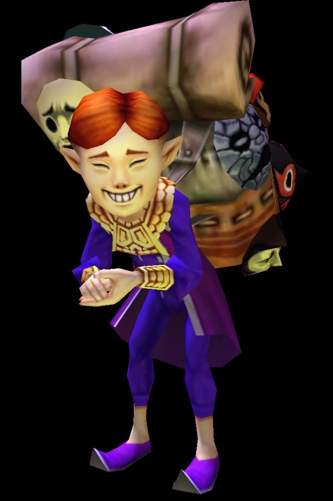 The mask salesman from Majora's Mask stands ready to wheel and deal you a mask! 

(With a borderline antisemitic posture, it must be said.)