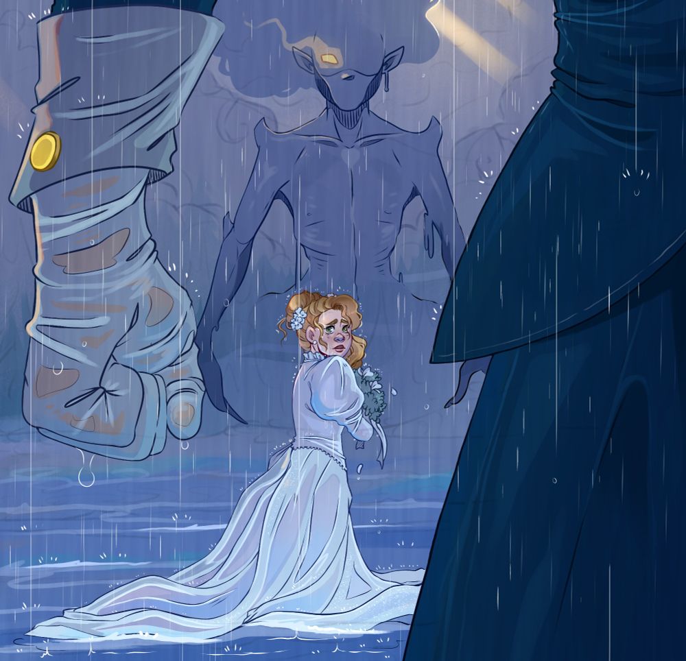 Rain fiel webcomic art, bride in rain and rain phantom watching over 