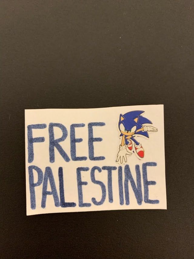 "FREE PALESTINE" in blue with Sonic the Hedgehog on the side.