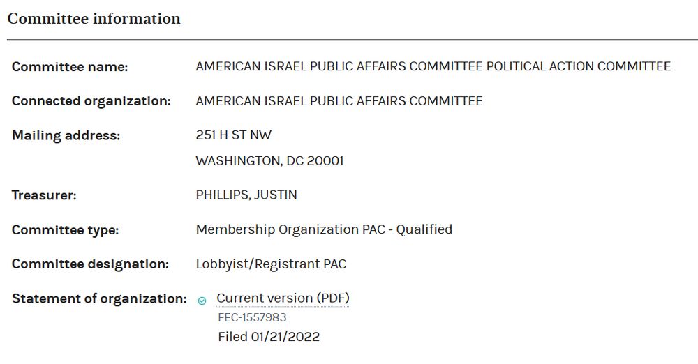 A screenshot of an FEC filing showing details of a political committee. The committee name is “American Israel Public Affairs Committee Political Action Committee” (AIPAC PAC). The connected organization is “American Israel Public Affairs Committee” (AIPAC) which is the lobby group that operates the AIPAC PAC.