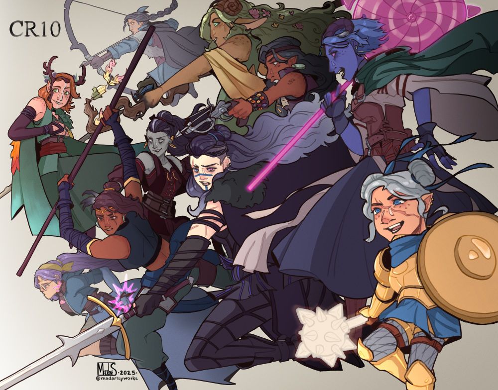 Large digital drawing of the main ladies from each of the Critical Role campaigns, all in different striking battle poses celebrating the 10 year anniversary. Bottom right corner going left: Pike, Jester, Veth, Fearne, Yasha, Beau, Laudna, Keyleth, Imogen and Vex.