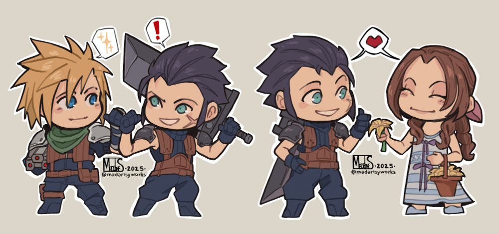 Digital drawing of two sets of chibis for Final Fantasy 7 Crisis Core, on the left is Cloud and Zack fist bumping, on the right Zack and Aerith with her flowers.