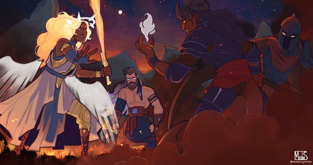 Wide scene showing the city of Vasselheim burning below. Prime deities pushing back the Betrayer Gods, saving the city.