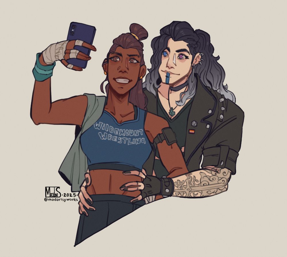 Digital fanart of Beau and Yasha from Critical Role. Wearing modern day clothes, Beau in a workout outfit and Yasha in black jacket punk with various pins and pride flag and a arm sleeve tattoo, both posing for a selfie.