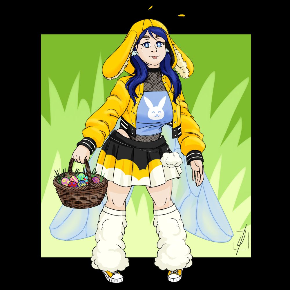 Bee-Vtuber LineKlein in a yellow bunny hoodie-jacket with colorful easter eggs in a basket. She looks cheekily cheerful with her tongue sticking out. blep.