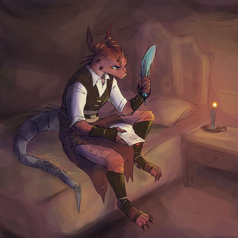 Sybil, a scrawny red dragonborn rogue with a prosthetic tail, sitting at the edge of a large bed. In one hand, she has an opened letter resting in her lap. Her other hand tightly grips a blue feather as she holds it closer to her face. She's staring at the feather intensely.