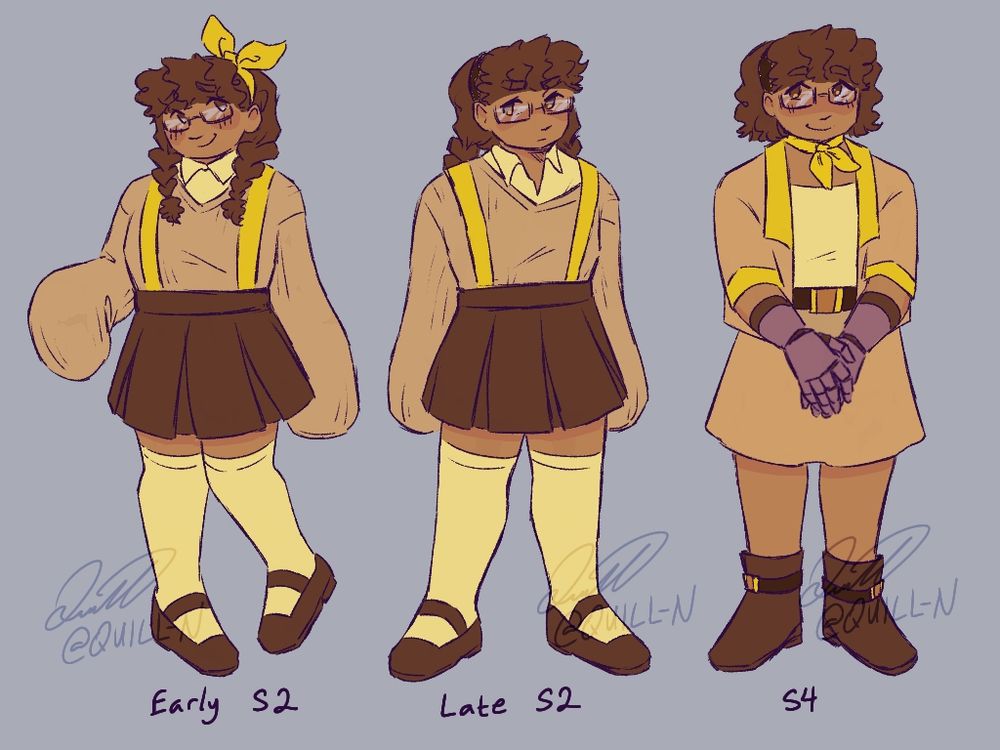 Humanized drawings of Suitcase across her time on the show. For early season 2, she's dressed in a cute light academia styled outfit, with suspenders, a skirt, and an oversized sweater. Late season 2 has the same outfit, but slightly dishevelled. Her season 4 outfit is business casual, with a shortsleeved blazer and matching skirt, loosely resembling a flight attendant. She also has prosthetic hands.