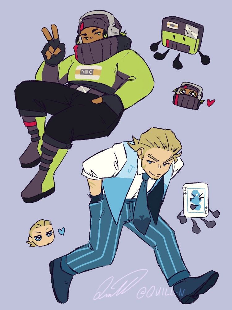 Humanized drawings of Tapey and Jack. Tapey has a sort of colorful techwear outfit with some light 80s aesthetic inspiration, and Jack is dressed like a casino card dealer.