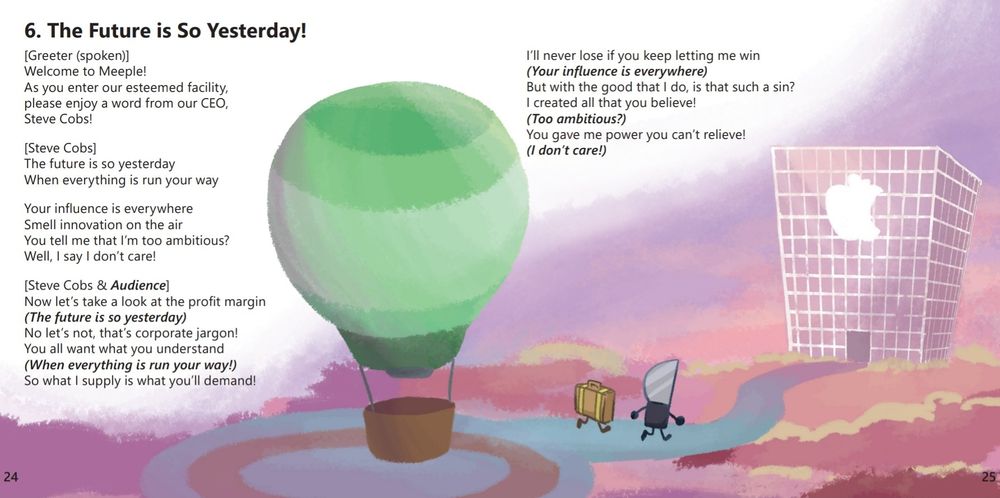 A lyric booklet spread, of "The Future is So Yesterday" from Inanimate Insanity. Suitcase and Knife are walking from the hot air balloon to Mecloud. It's colorful and almost painterly. The lyrics are laid out mostly on the left side of the spread.