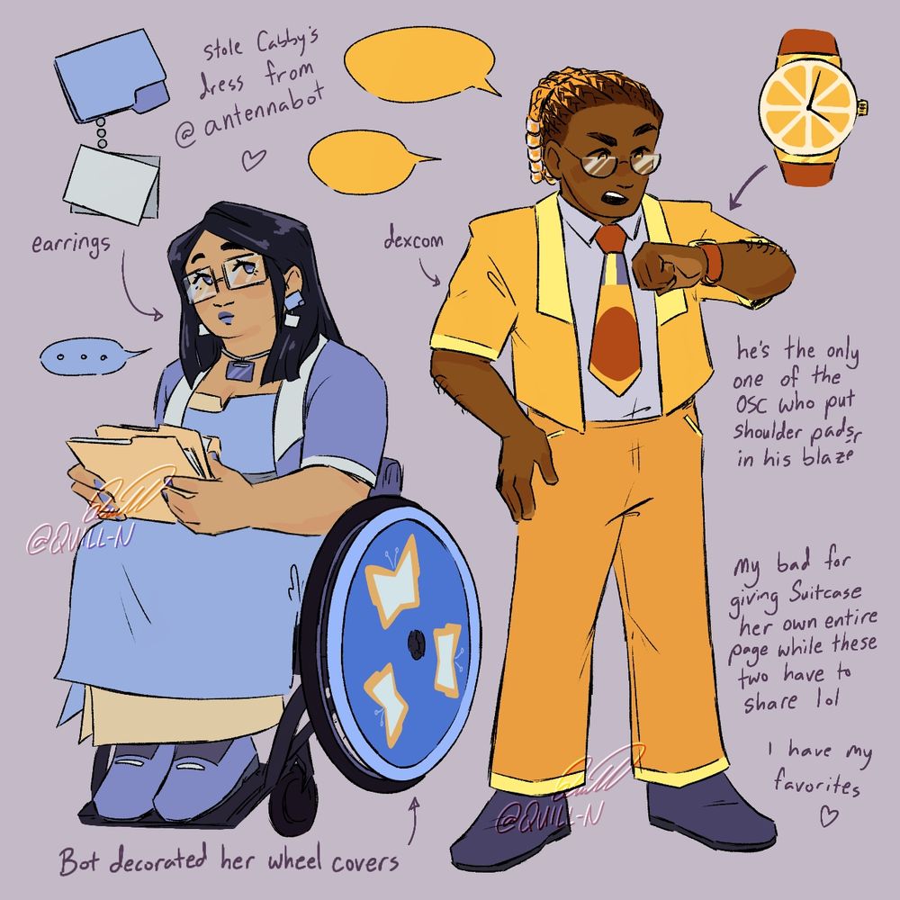 Humanized drawings of Cabby and OJ. They're both dressed professionally, with matching blazers to Suitcase's in their own colors. They both also have some jewelry that matches their aesthetics.