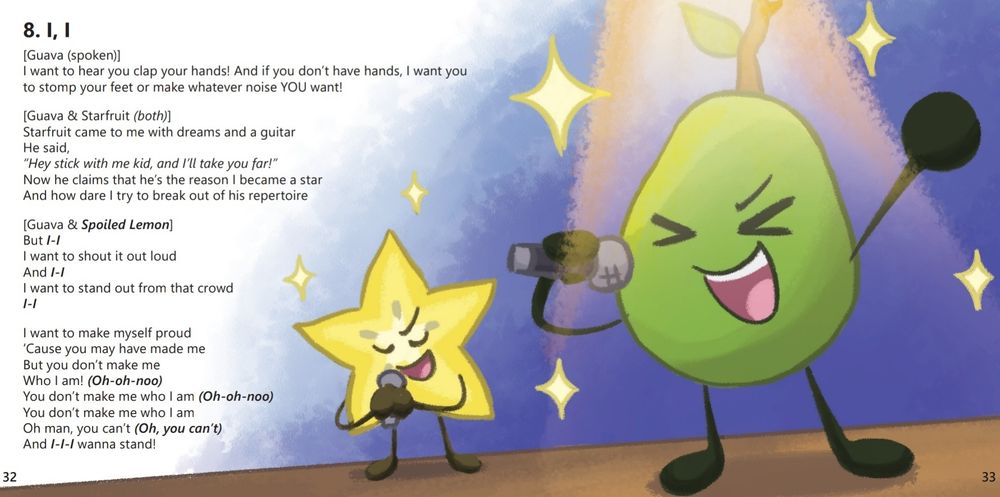 A lyric booklet spread, of "I, I" from Inanimate Insanity. Starfruit and Guava are singing on stage together. Guava clearly has the center of the stage, with the spotlight on her. The lyrics are laid out on the left side of the spread.