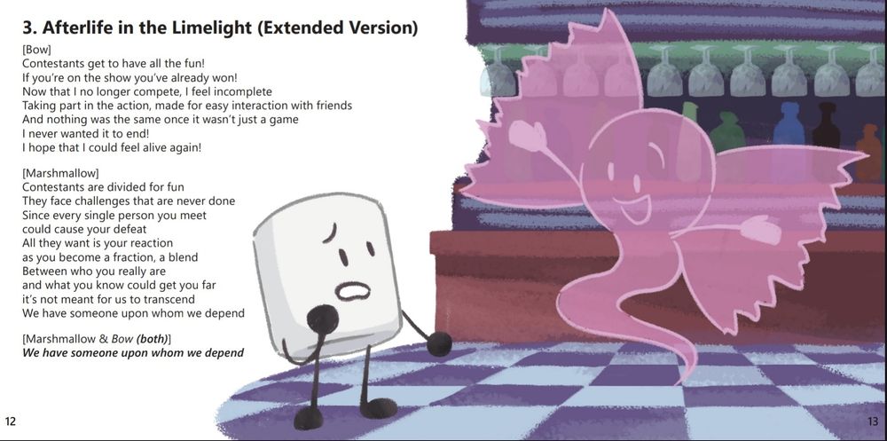 A lyric booklet spread, of "Afterlife in the Limelight" from Inanimate Insanity. Bow and Marshmallow are at the bar in Purgatory Mansion. Bow has her arms out with a smile, and Marshmallow looks a little concerned. The lyrics are laid out on the left side of the spread.