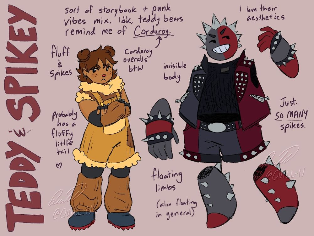 Humanized drawings of Teddy and Spikey. Teddy's outfit is both storybook and punk, with some direct inspiration from Corduroy. Spikey has an invisible body and floating limbs; everything he's wearing is grey and red and very very spikey.