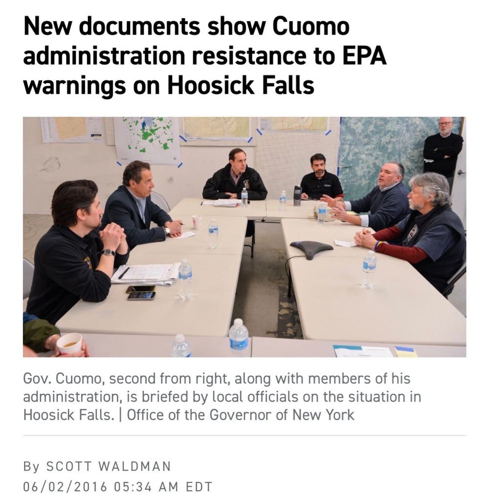 New documents show Cuomo
administration resistance to EPA
warnings on Hoosick Falls
Gov. Cuomo, second from right, along with members of his
administration, is briefed by local officials on the situation in
Hoosick Falls. | Office of the Governor of New York
By SCOTT WALDMAN
06/02/2016 05:34 AM EDT