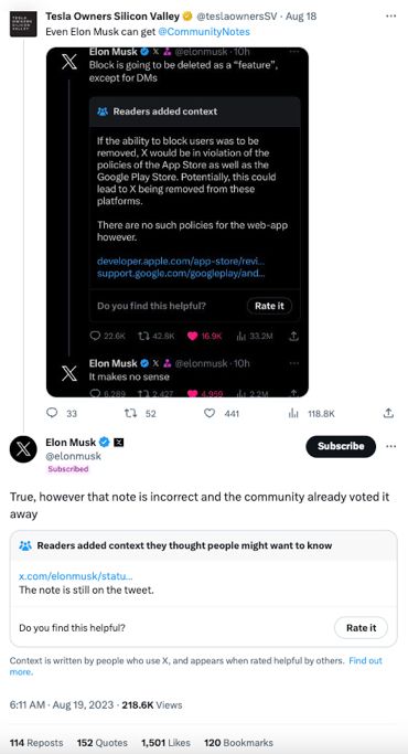 Musk getting Community Noted about a previous Community Note still appearing on his account despite his claim it was “voted away”
