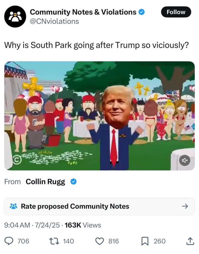 
@CNviolations
Why is South Park going after Trump so viciously?
9:04 AM • 7/24/25 