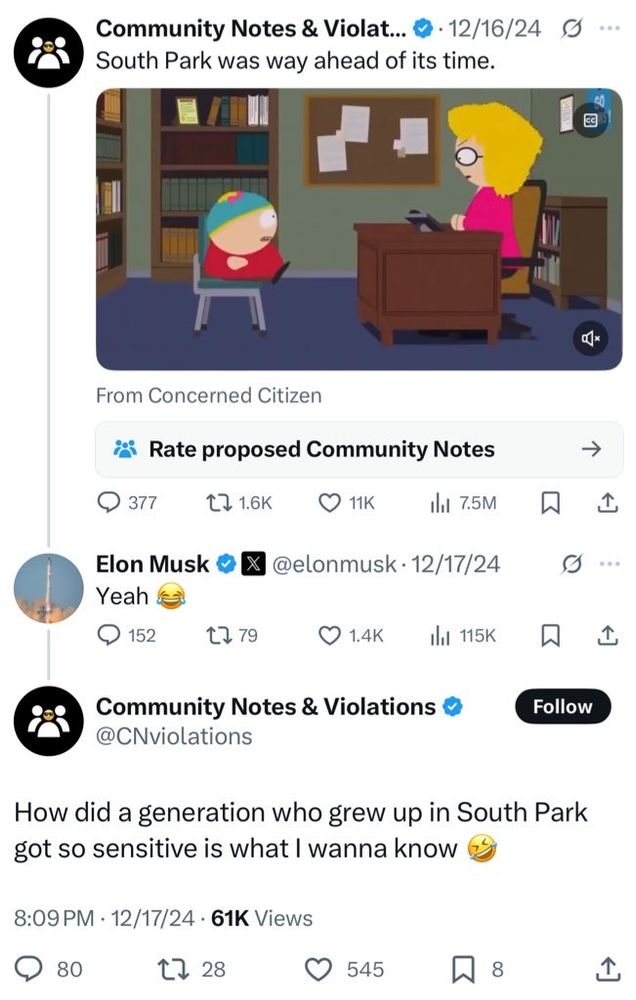 @CNviolations
How did a generation who grew up in South Park
got so sensitive is what I wanna know
8:09 PM • 12/17/24 
