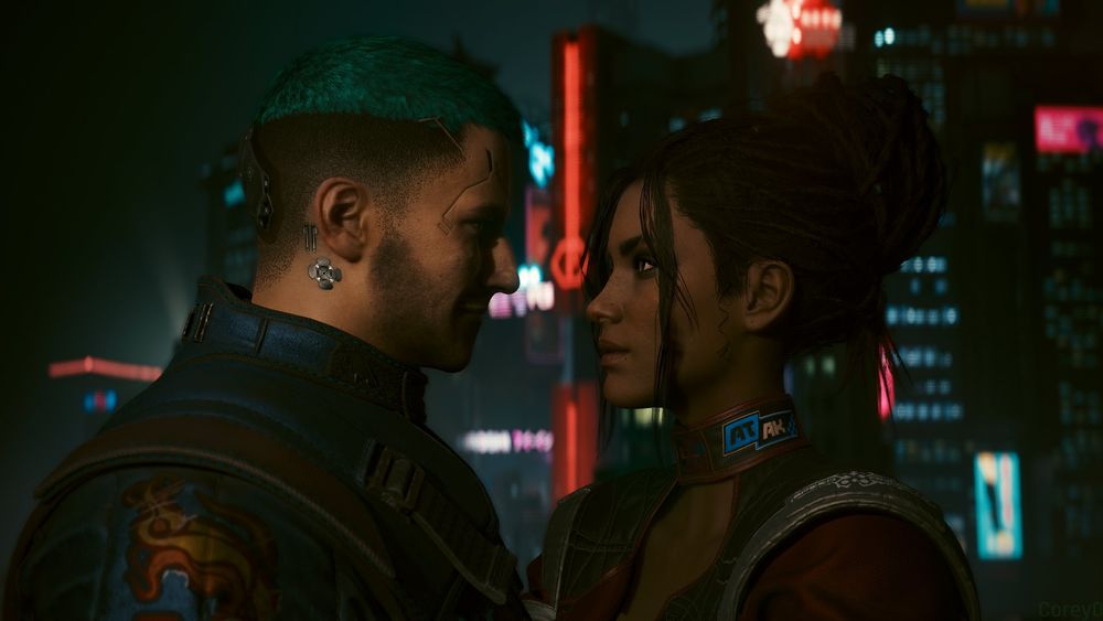 Corey V and Panam staring lovingly into each others' eyes with night city in the background