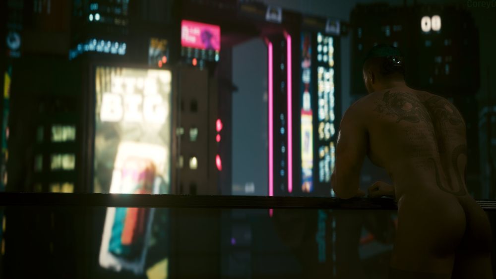 Corey V looking over the lights of Night City from a high-up balcony, in the nude, wishing to feel the air on his skin after a long session of netrunning.