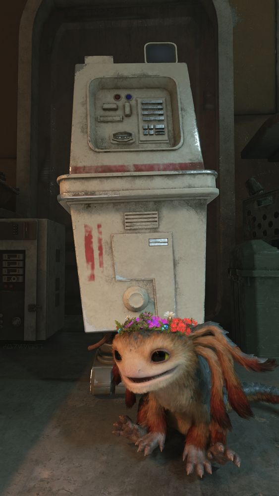 Nix from Star Wars Outlaws wearing a flower crown, sitting happily in front of a Gonk Droid