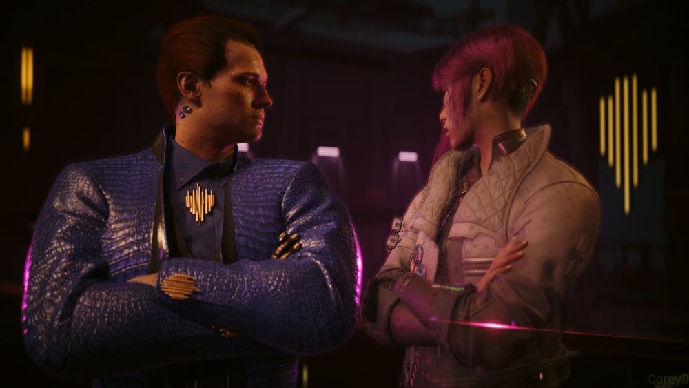 A red and black haired V talking with Songbird at the Black Sapphire