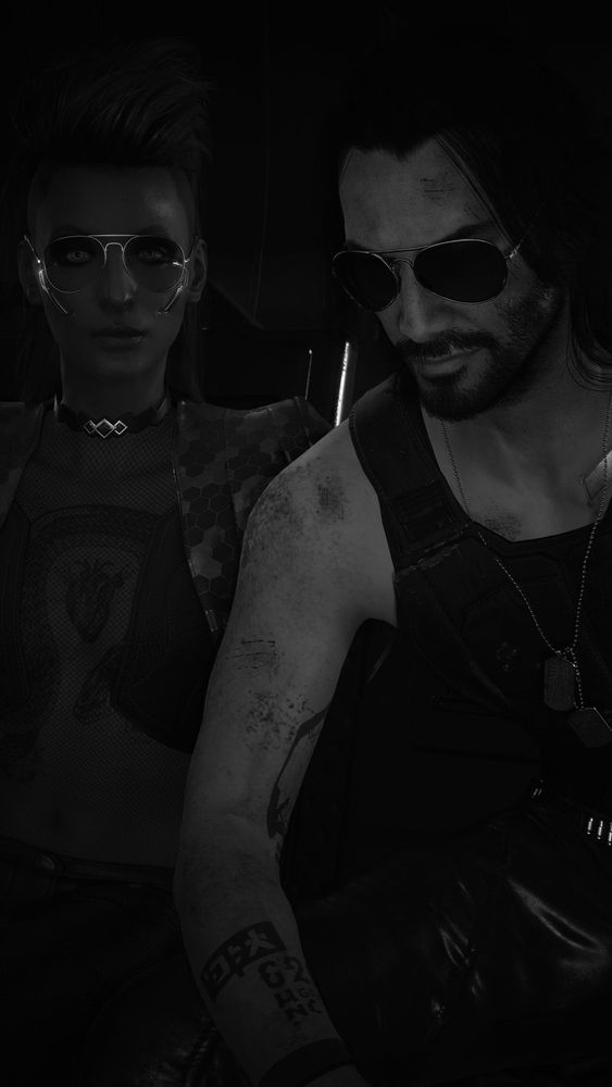 Picture of FemV and Johnny Silverhand, in black and white.