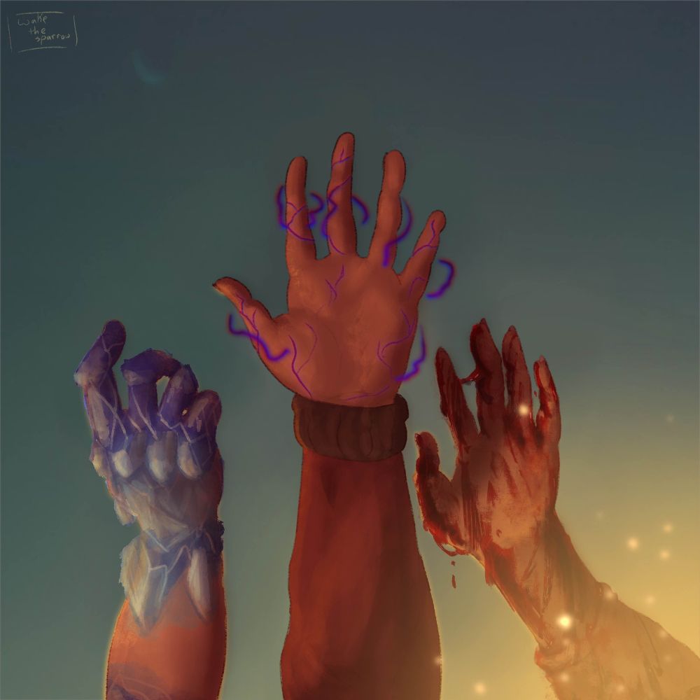 Redraw of boygenius' album cover for "the record" of My Hero Origins characters. From left to right, the hands are: Sapphire, Kiyo, and Yuuto. Sapphire's hand is crystalized, Kiyo's hand is quirk-activated, and Yuuto's hand is covered in blood. They are reaching upwards.

Watermark: wakethesparrow