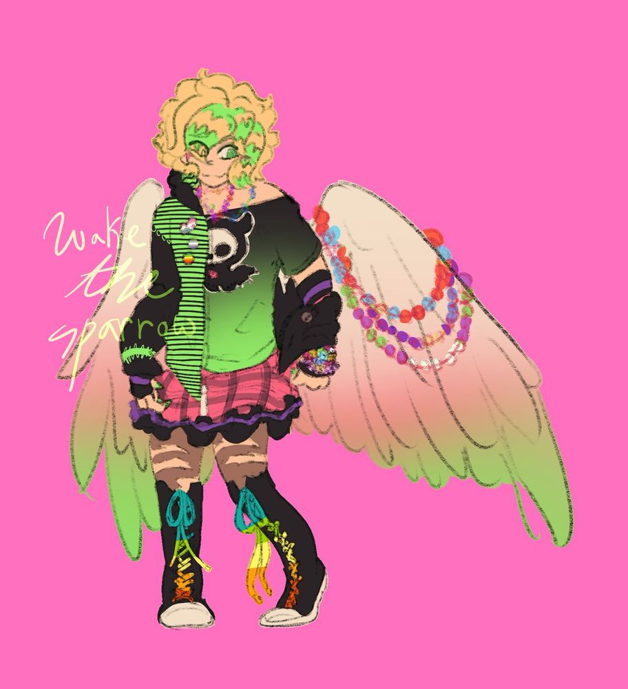 Lukas from Supernatural Origins in alternative scene fashion. He has an array of pride pins on his jacket (from top to bottom): Demirose flag pin, greyrose flag pin, and genderless flag pin. He is wearing a green and black gradient skelanimals shirt, a green and black striped hoodie, purple, black, and pinkarm warmers, and a layered pink, purple, and black paid skirt. He is also wearing ripped tights and above-knee black and white converse with laces the color of the genderless pride flag. His wings are tinted pink and green, and he has beads around his wrists, wings, and neck. His nails are painted bright green and he has green raccoon tail stripes.

Watermark: wakethesparrow