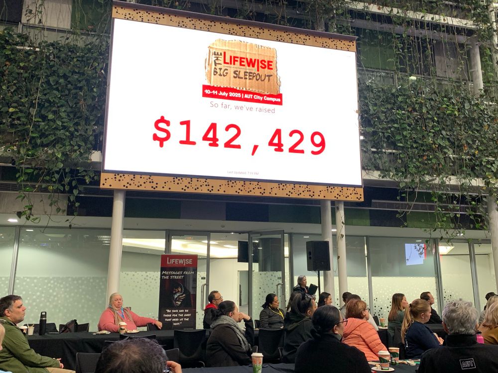 Large screen with people sitting underneath. On it is written “Lifewise Big Sleepout” and “$142,429” in large script.