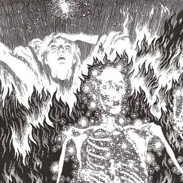 burning skeleton in the foreground with a woman grasping her forehead in remembrance 