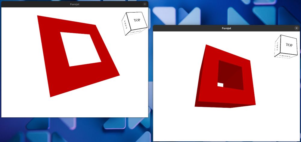 Two open windows in front of a desktop background, one showing an intermediate state from the construction of a 3D model, the other showing the final result.