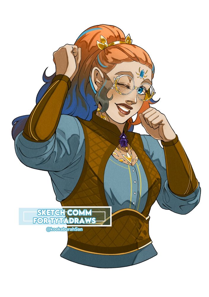 A sketch halfbody drawing of an OC named Lapis. Lapis has orange hair tied in a high ponytail with the end turning into a hue of blue. She has a gem on her forehead along with golden rimmed glasses. She looks at the view, one arm raised, doing a cheering pose with a slight hint of shyness