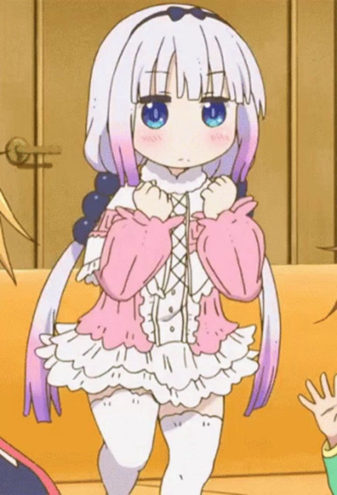 a girl with white hair and purple hair is wearing a pink dress and white knee high socks