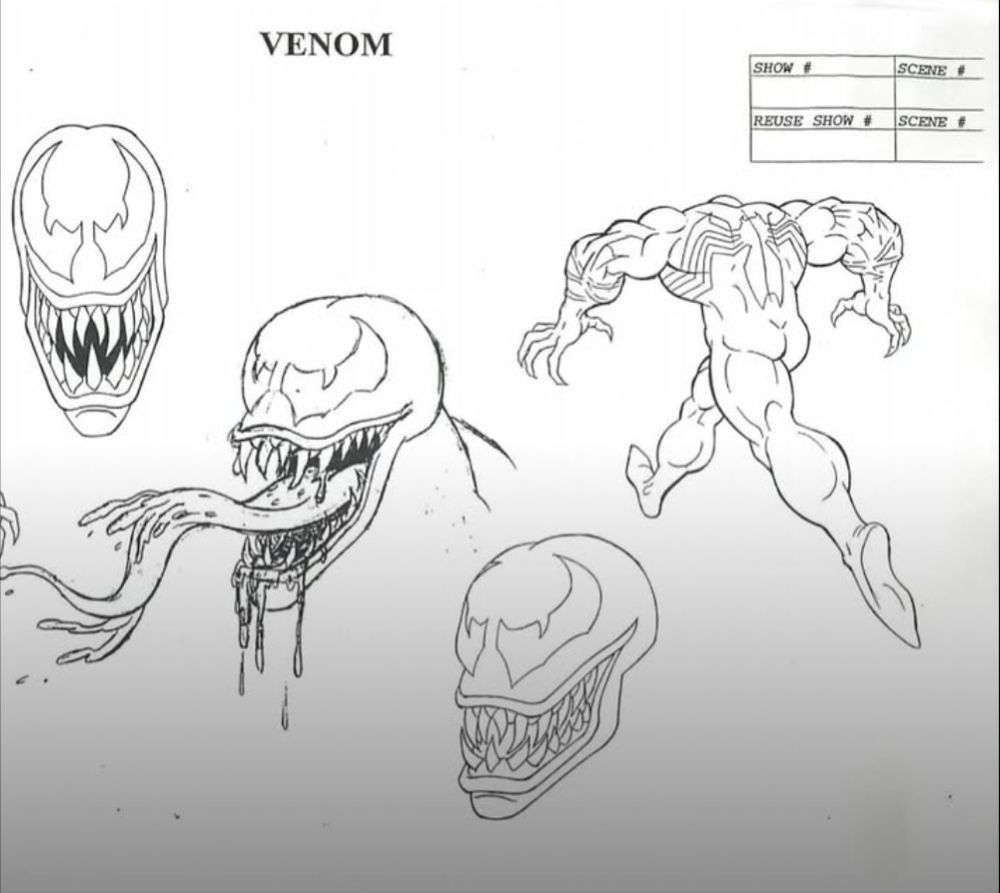 Concept art of Venom from the 90s series, including Venom with a well-defined round muscular ass and Venom with his drooling mouth and long wet tongue ready to caress you and a wide mouth prepped for vore