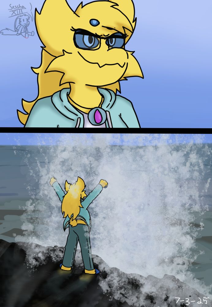 Eli stands "tall" as she stares out at the giant lake. Before going into a triumphant pose as the lake blasts her with a wave of water and mist.