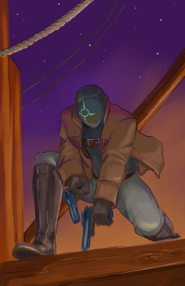 A gunman crouches on a railing or ledge, one leg up, one knee down, both hands held in front as he looks down and into a view unseen by the viewer. He has tall boots, gray pants, a black tanktop and brown coat. A belt across the chest implies the location of his holster. His face is obscured by a blank, smooth helmet in black with a bright green cross hair pattern over the right side of the face roughly where their eye would be. The sky is purple and orange with a scattering of stars, and behind him are structures that imply masts and the drape of ropes. 