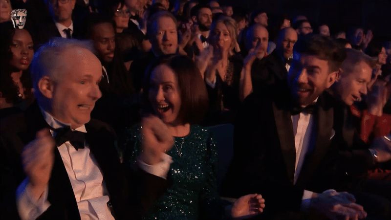 Nick Park at the Baftas celebrating exactly like Wallace 