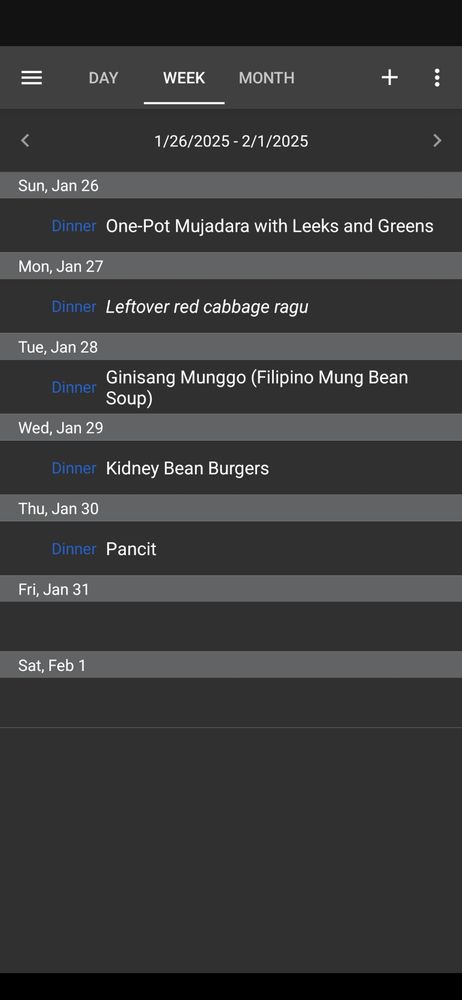 First post. 

Menu for the week.  Recipes upon request.