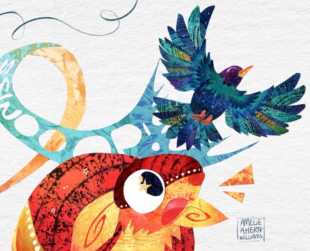 Paper-cut collage. A red and yellow armadillo watching with shock as a blue/purple/greenish starling flies overhead. Text "SWOOP!" follows the flight path of the starling.