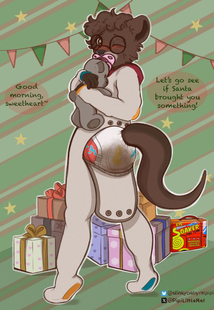 Mac the Otter turning back towards an out of frame Big, who says "Good morning, sweetheart... let's go see if Santa brought you something!" Mac's wearing a onesie, sucking a paci, snuggling his stuffie, and has the butt flap of his onesie opened revealing an extremely full Lil Soaker diaper. What a big furry baby!