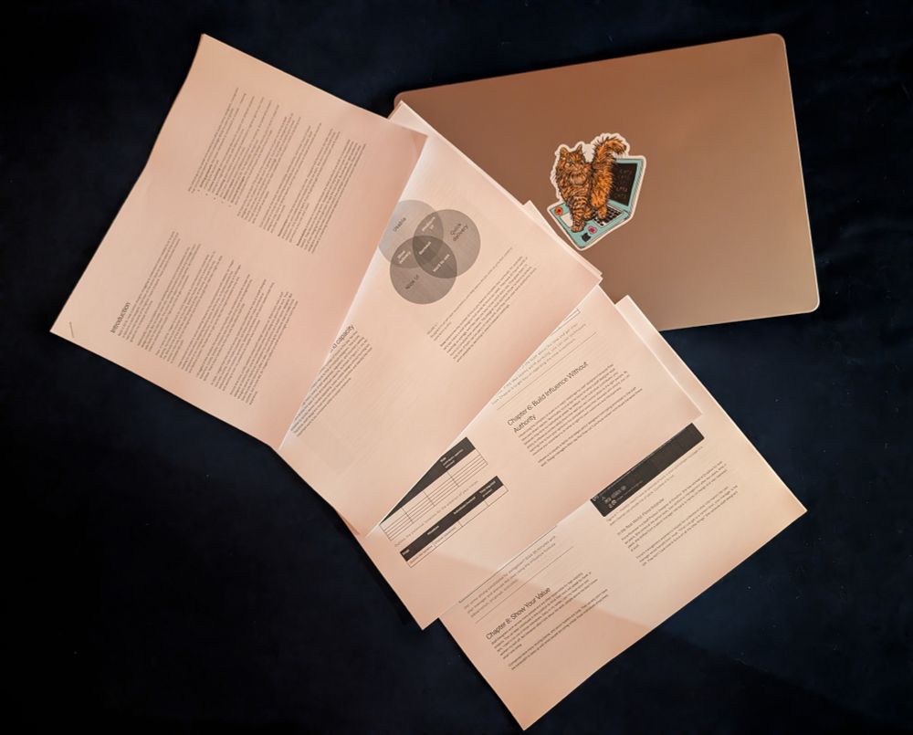 My book, printed on double-sided 2-by-2 pages and grouped into four sections. Laptop under the prints for scale.