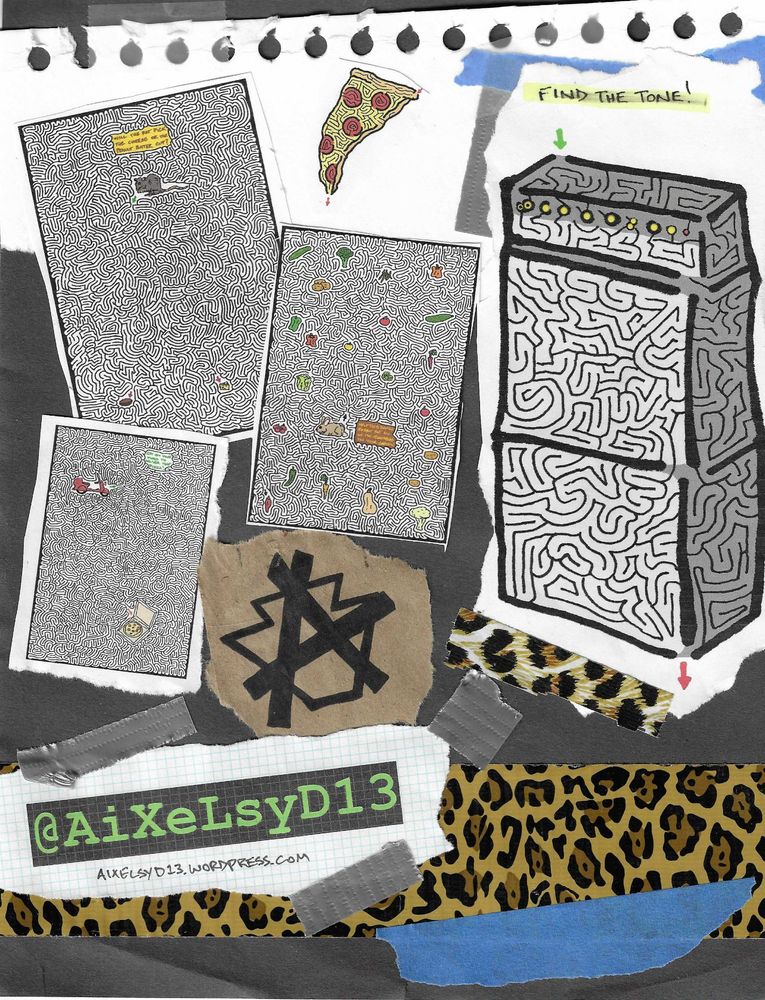 The back cover of "You Can See Yourself Out" continues the punk, collage-style design. It features several hand-drawn maze examples, including a large maze shaped like a detailed guitar amplifier stack with the prompt "FIND THE TONE!" There are three smaller maze panels displayed on ripped paper: one featuring scattered food items, another with what appears to be a person running, and a third with small objects. The collage background includes a slice of pizza, a brown piece of cardboard with an abstract black symbol, pieces of grey duct tape, leopard print, and the artist's handle, @AIXELSYD13.