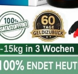 Ausschnitt aus einer Werbung für ein Abnehm-Spray, mit dem man 15 kg in drei Wochen verliert (na klar!). In den üblichen Grafik-Bannern steht neben "100% Zusatzstofffrei" und "Made in Germany" auch eins mit dem Text"60 Tage Geldizubuck"