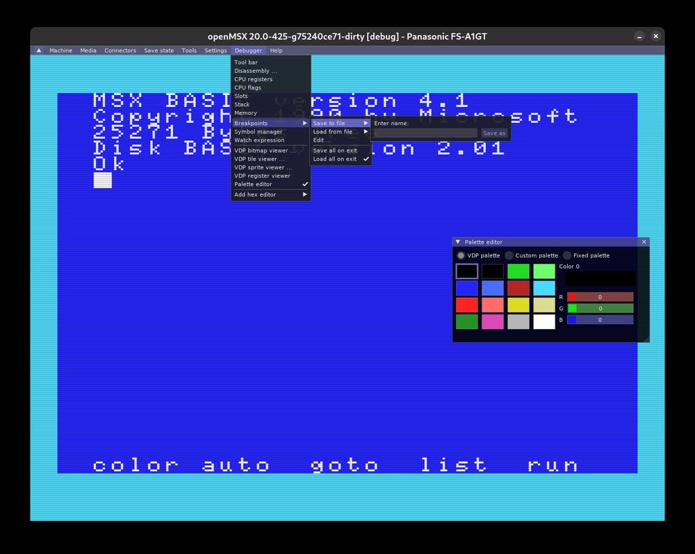 New openMSX Breakpoint GUI interface options to save and load all breakpoints. Automatic saving and loading are there as well.