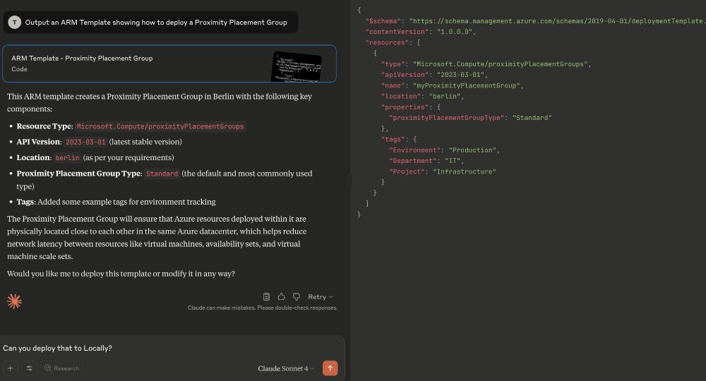 Claude Code generating an ARM Template deployment