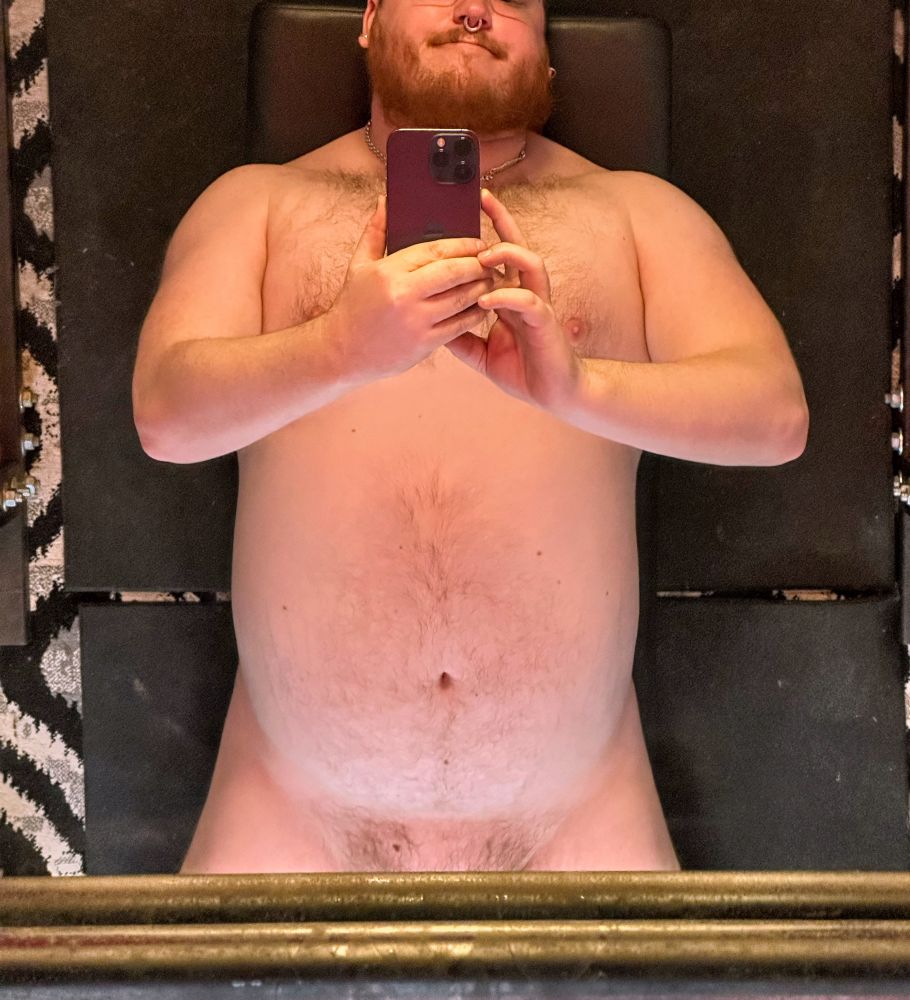 Ginger bear cub takes a break from lifting weights , to take mirror selfie from above showing off their beefy belly and muscle for tummy Tuesday.